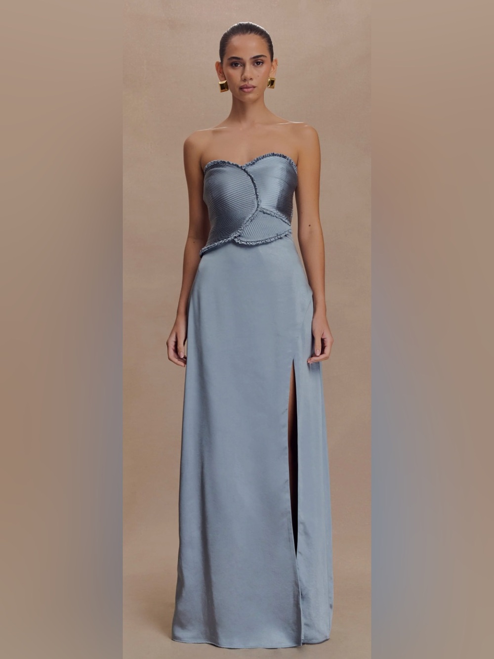 NWT Meshki Larissa Size S Satin Maxi Dress With Ruched Petals - Frosted Blue